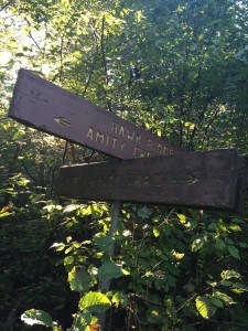 Sign where the snowmobile trail and Amity Trail meet.