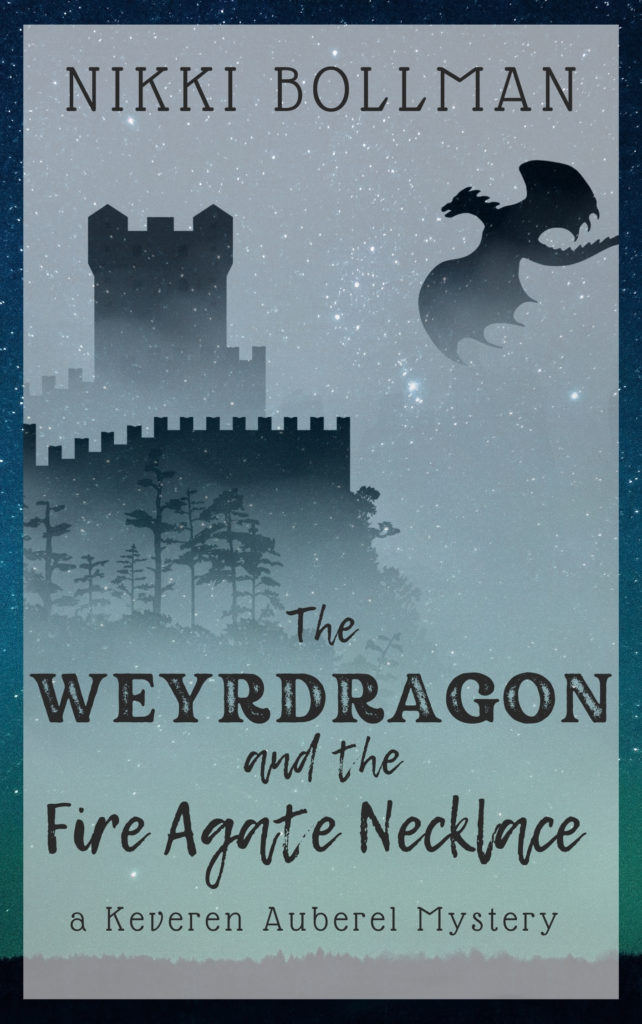 Book cover for The Weyrdragon and the Fire Agate Necklace. Silhouette of a dragon flying towards a castle against a faded blue-green background with stars.