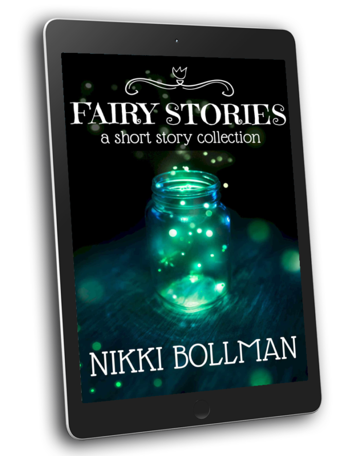 Cover of "Fairy Stories" by Nikki Bollman. Cover features a jar shining with teal fairy lights inside