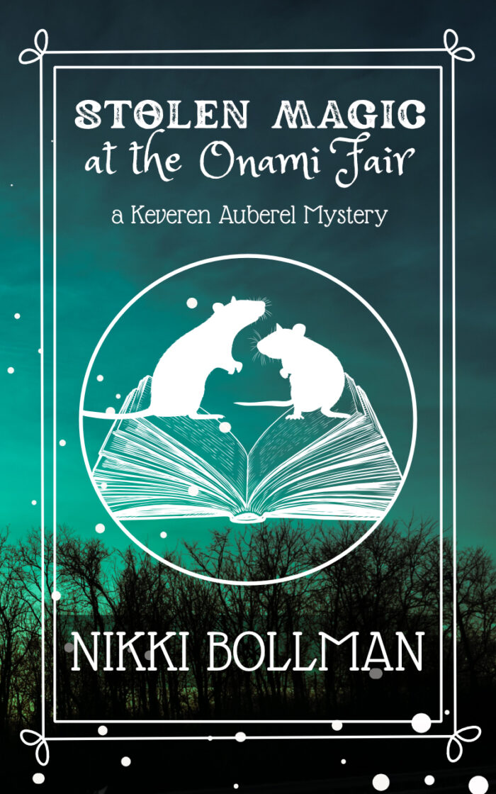 Book cover image for Stolen Magic at the Onami Fair. A dark teal and black background with white flecks that look like stars has a white sillhouette of two rats sitting atop an open book.